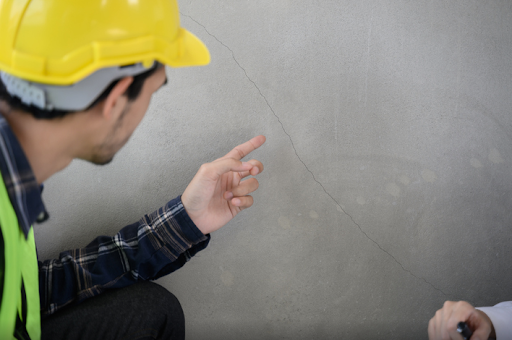Worker in a yellow hard hat pointing at a wall during a home inspection.