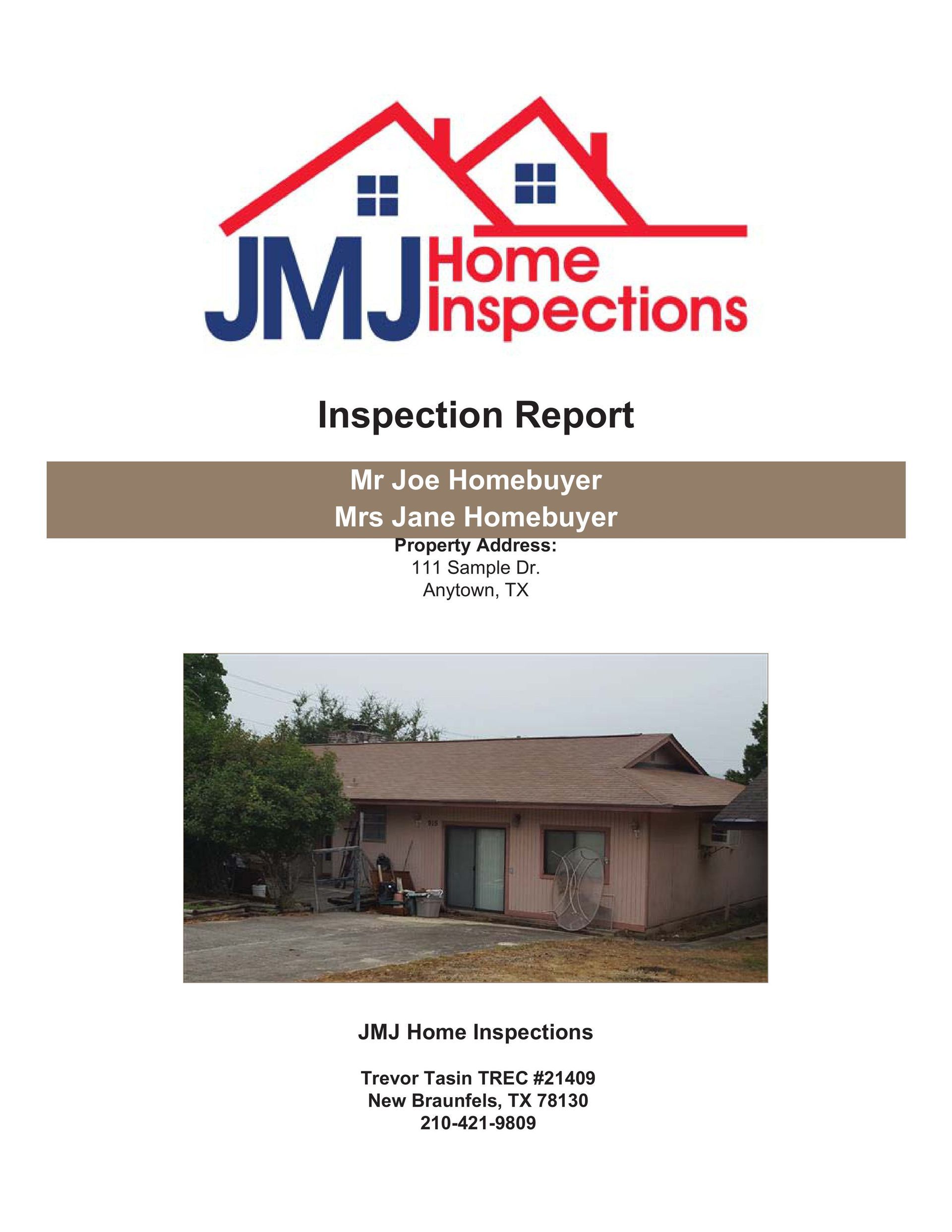 Title page for a JMJ Home Inspections report showing a house exterior and inspector contact information.
