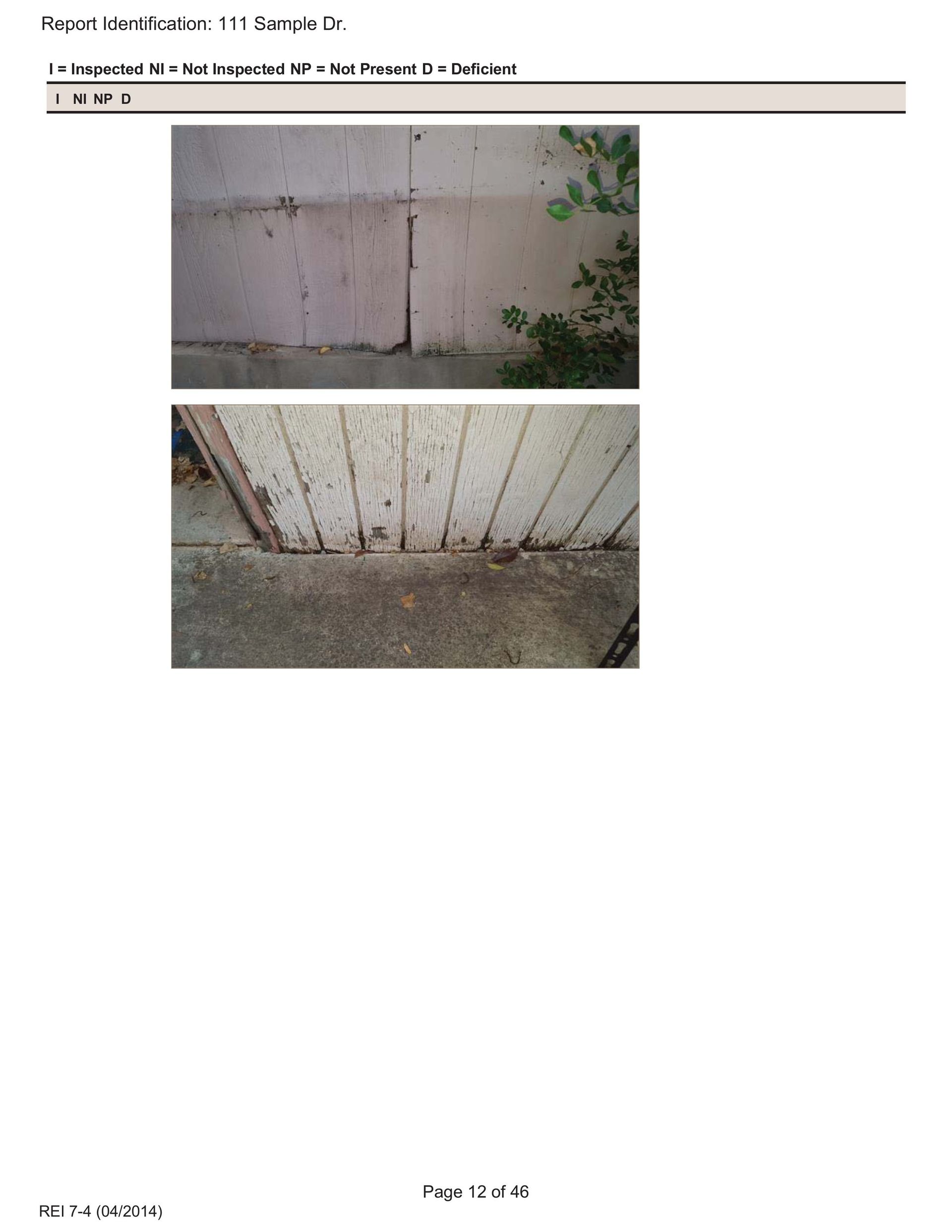 Two photos show exterior siding touching the concrete foundation, indicating potential moisture or decay issues.