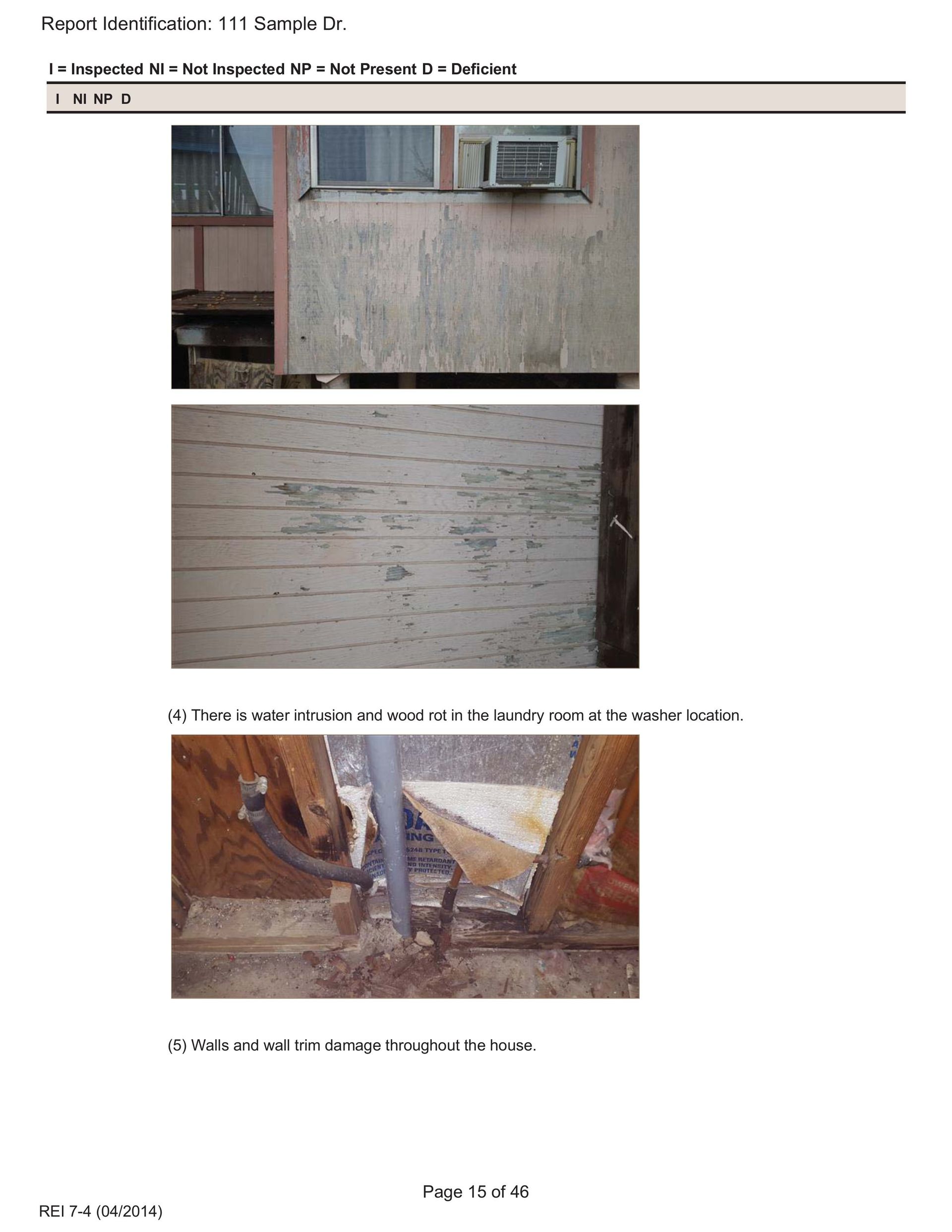 Three photos showing peeling exterior siding, water-damaged wood, and exposed piping on a residential building.