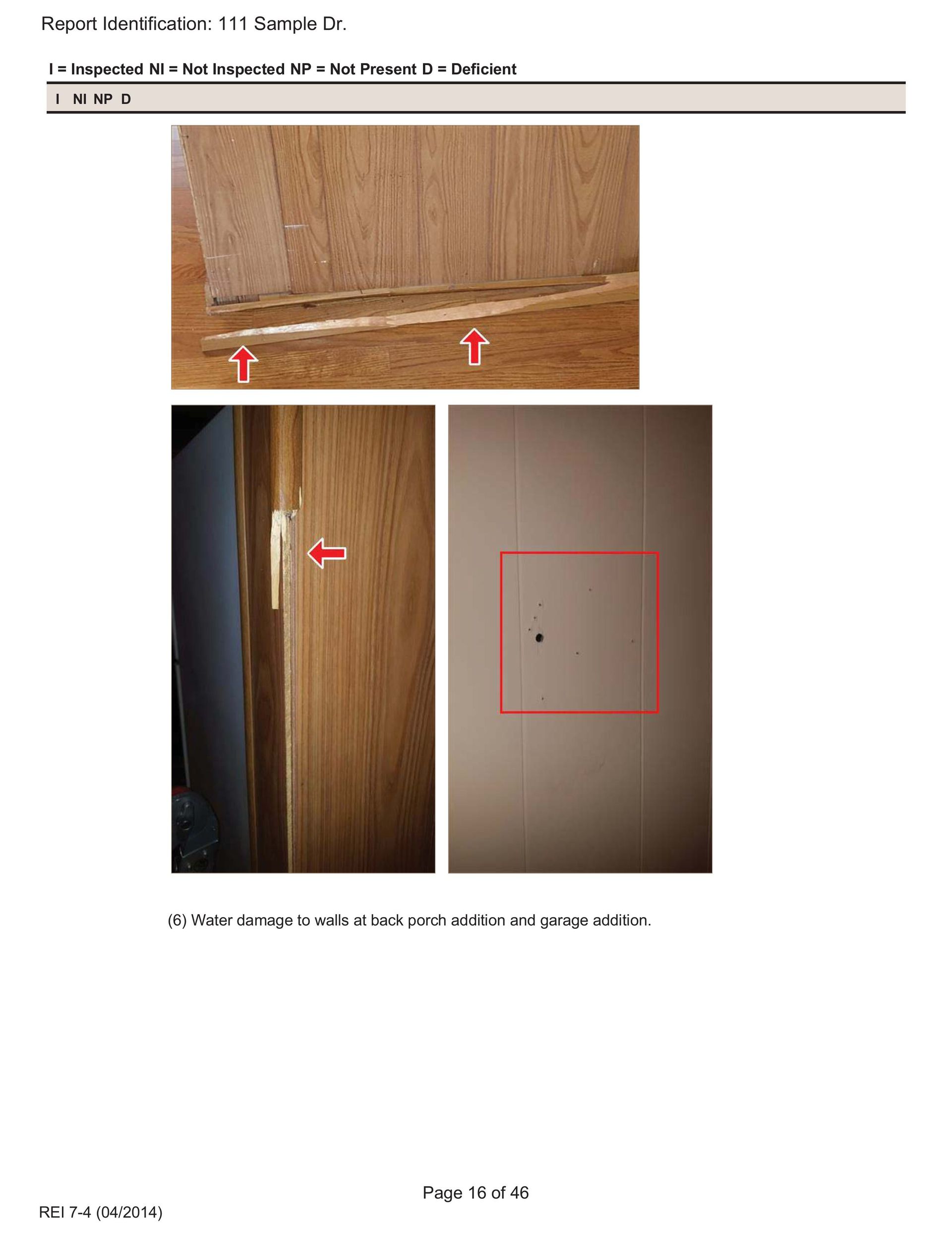 Three photos showing damage to wood paneling, a door frame, and a wall, highlighted by red arrows and a red box.