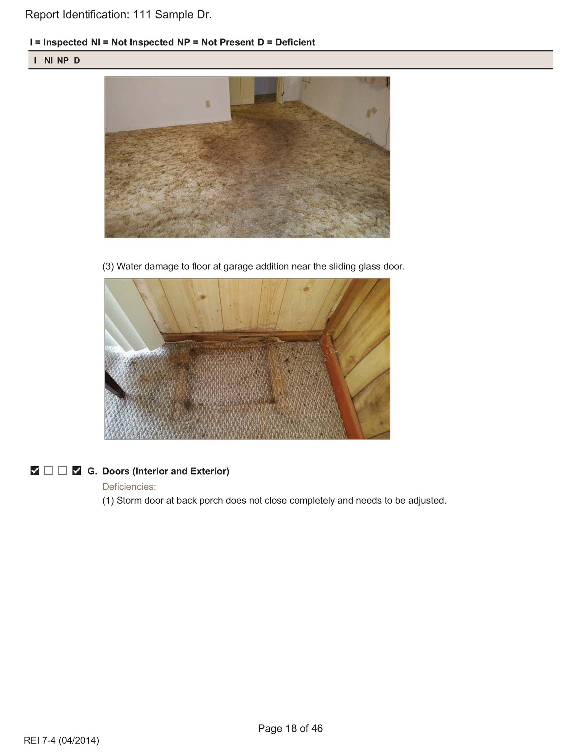 Two photos showing stained, damaged wall-to-wall carpeting and wood-paneled walls in a room.