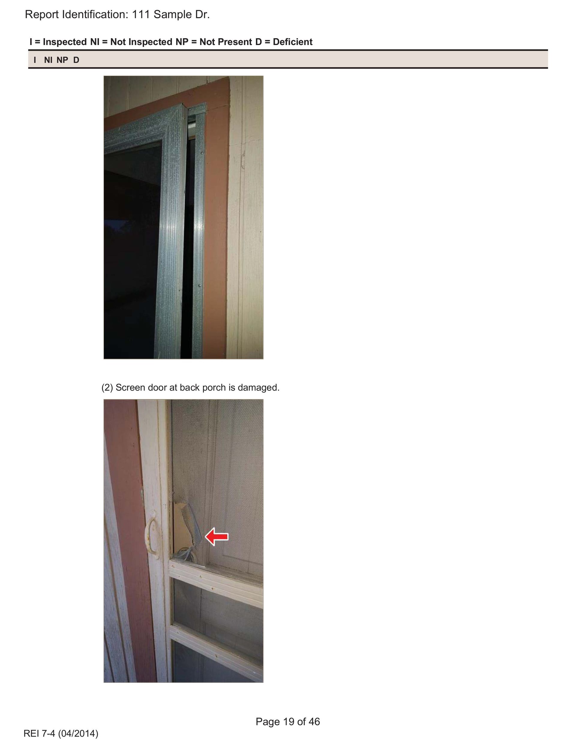 Two close-up photos of a damaged door frame and a screen door with a wooden shim repair marked by a red arrow.