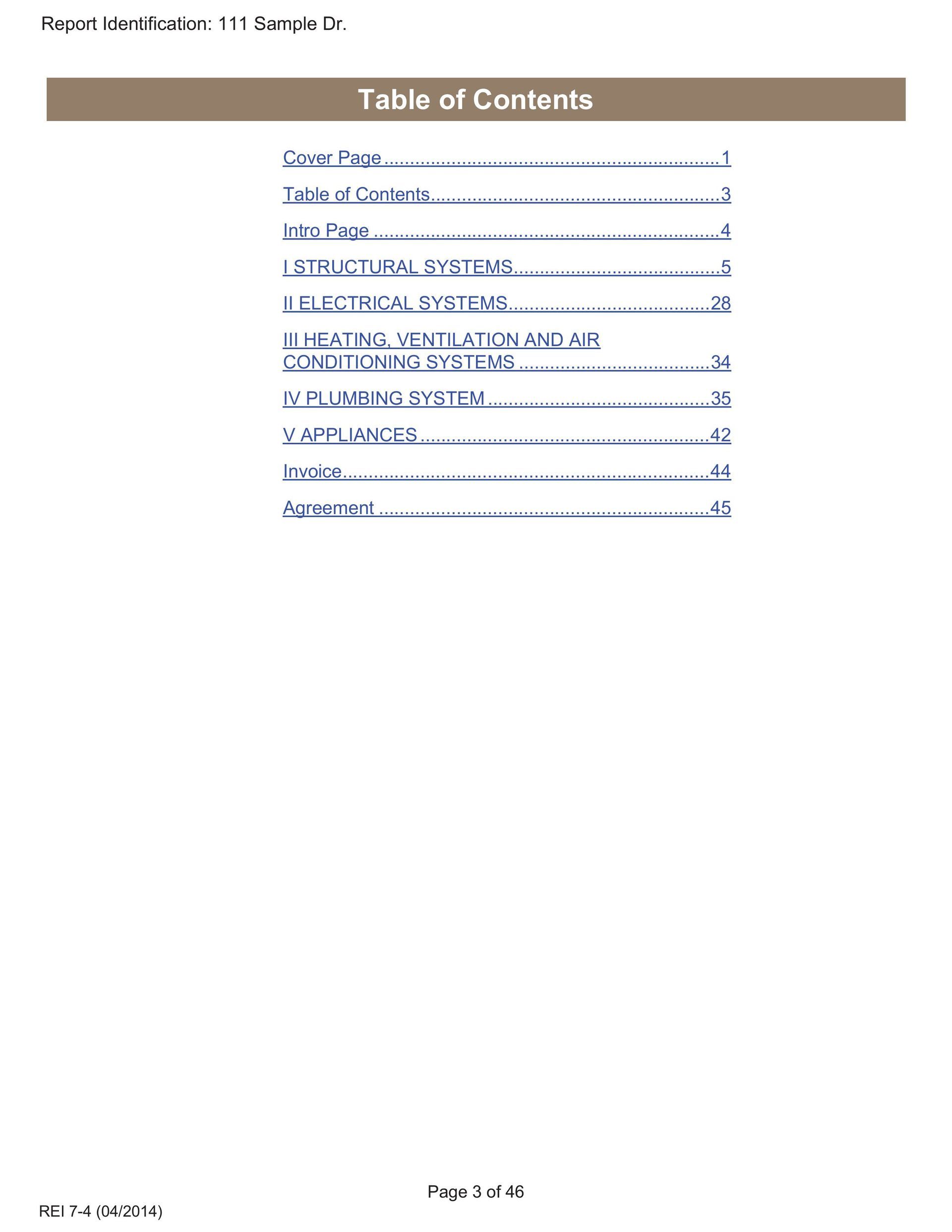 Table of Contents for a document, listing section titles and corresponding page numbers.
