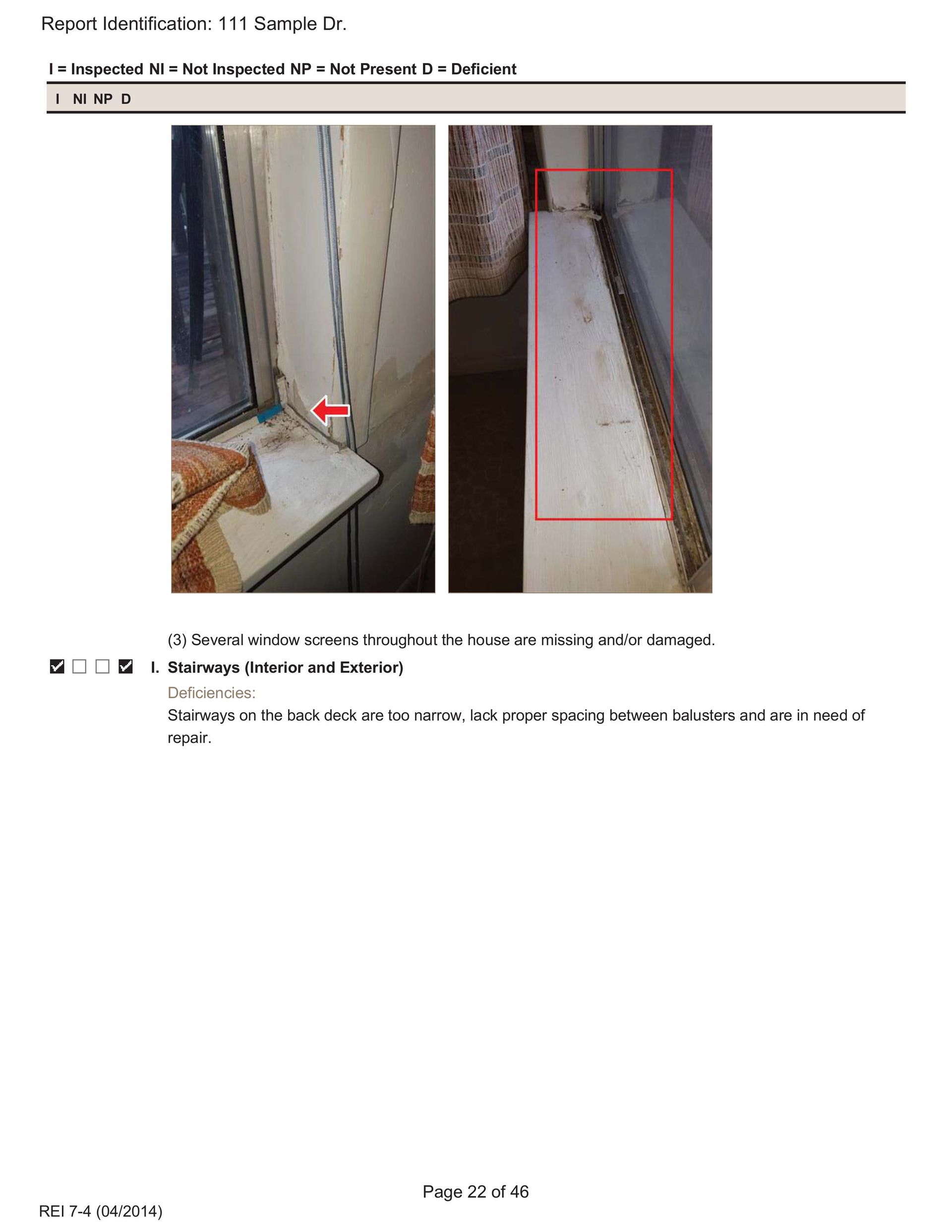 Two photos show damaged interior window seals, with red arrows highlighting areas where sealant has deteriorated or failed.