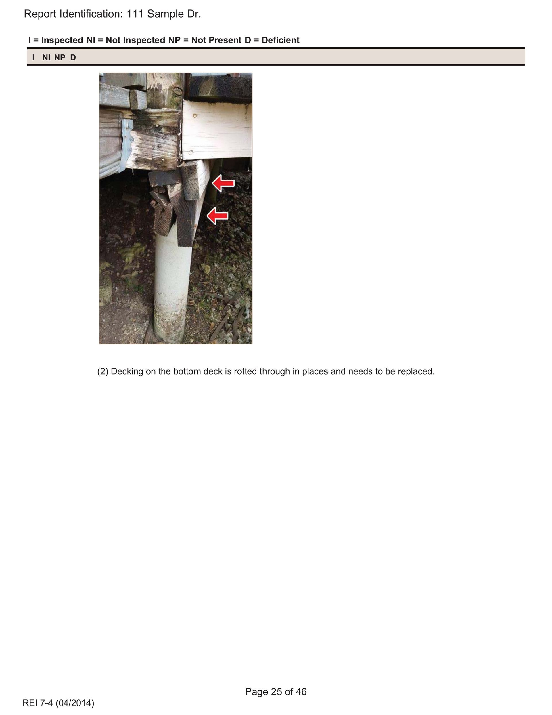 A close-up of a damaged wooden deck support post with red arrows pointing to rotting or poorly joined sections.