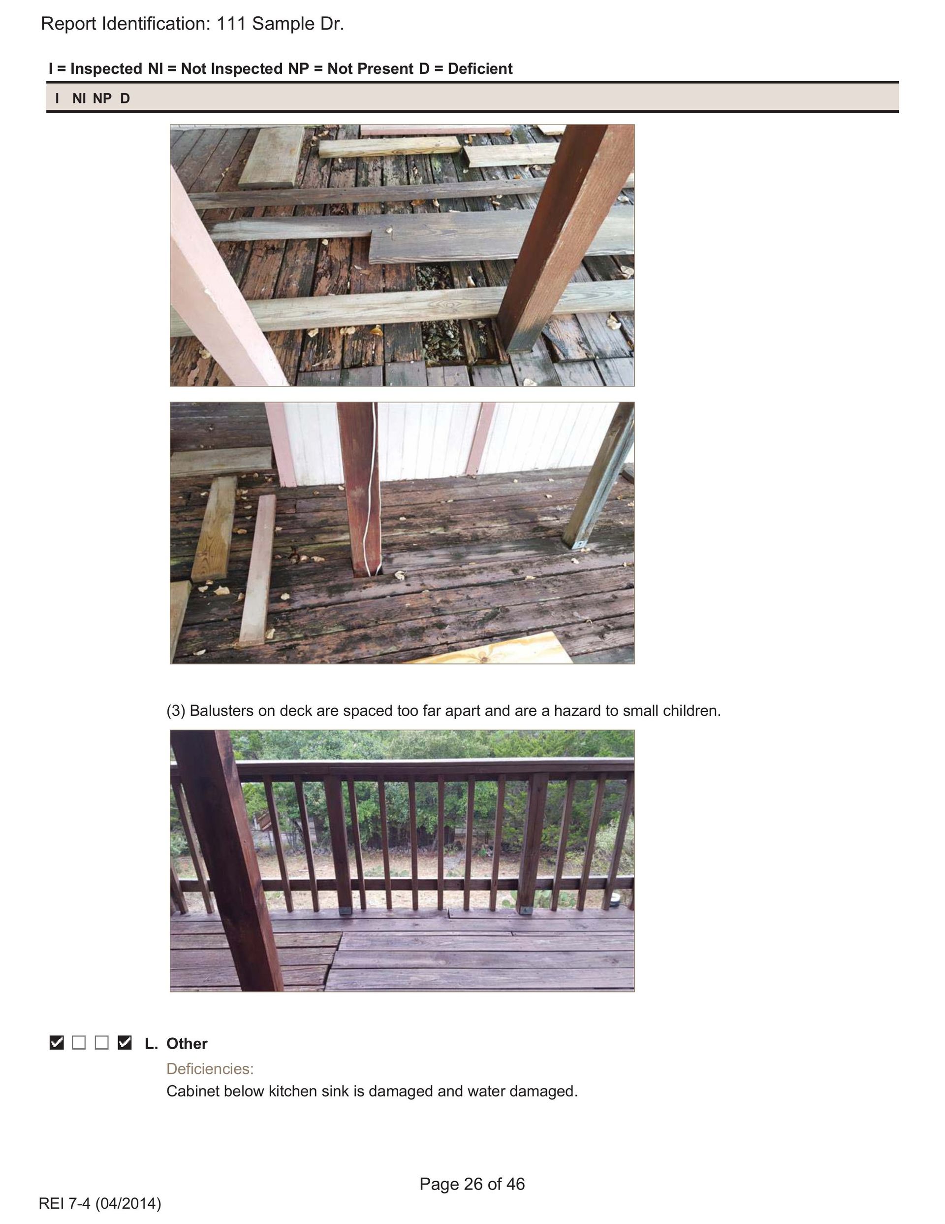 Three photos show a damaged, weathered deck surface with exposed framing boards and a wooden railing.
