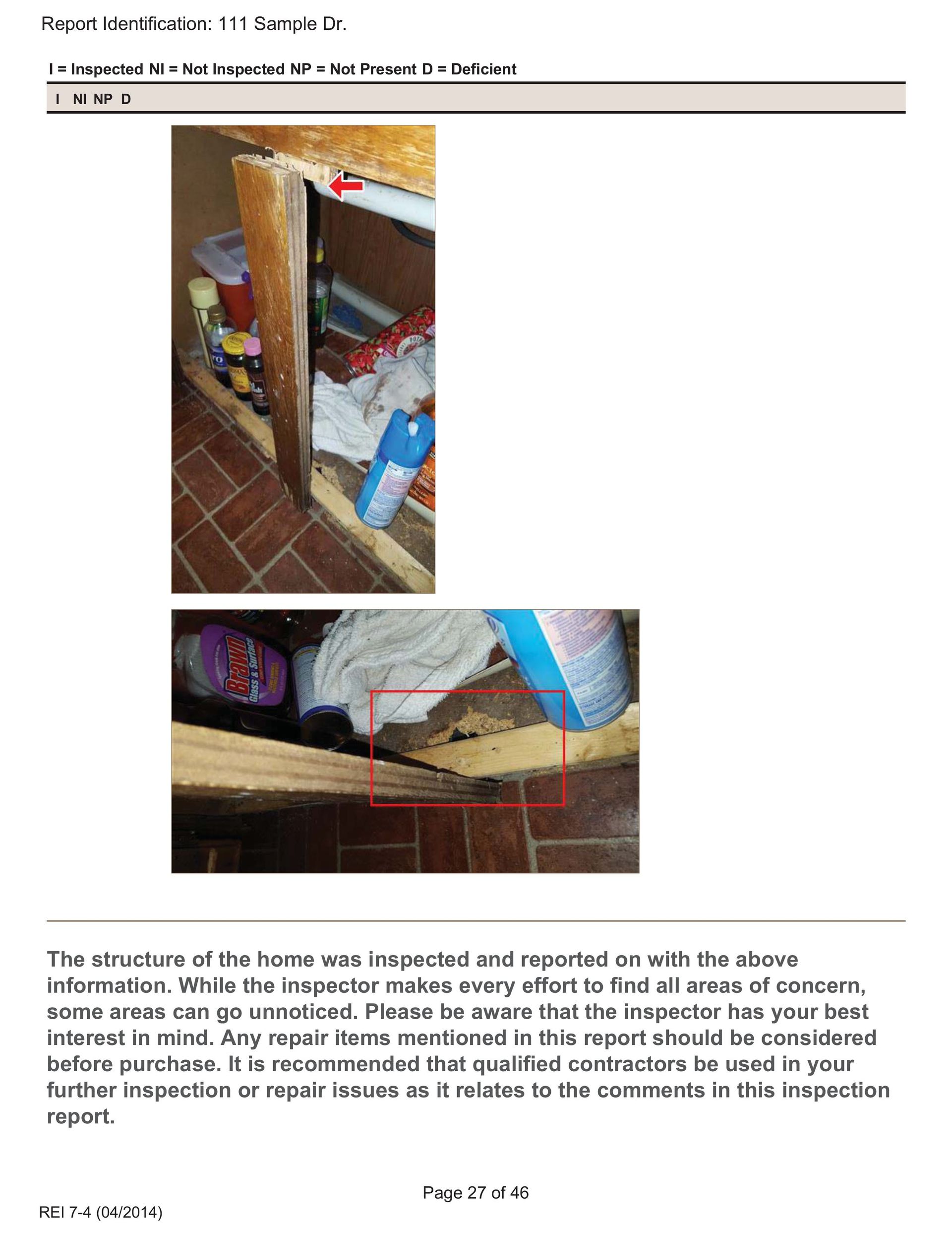 Two close-up photos of kitchen cabinet water damage, with a red arrow pointing to damaged wood under the counter.