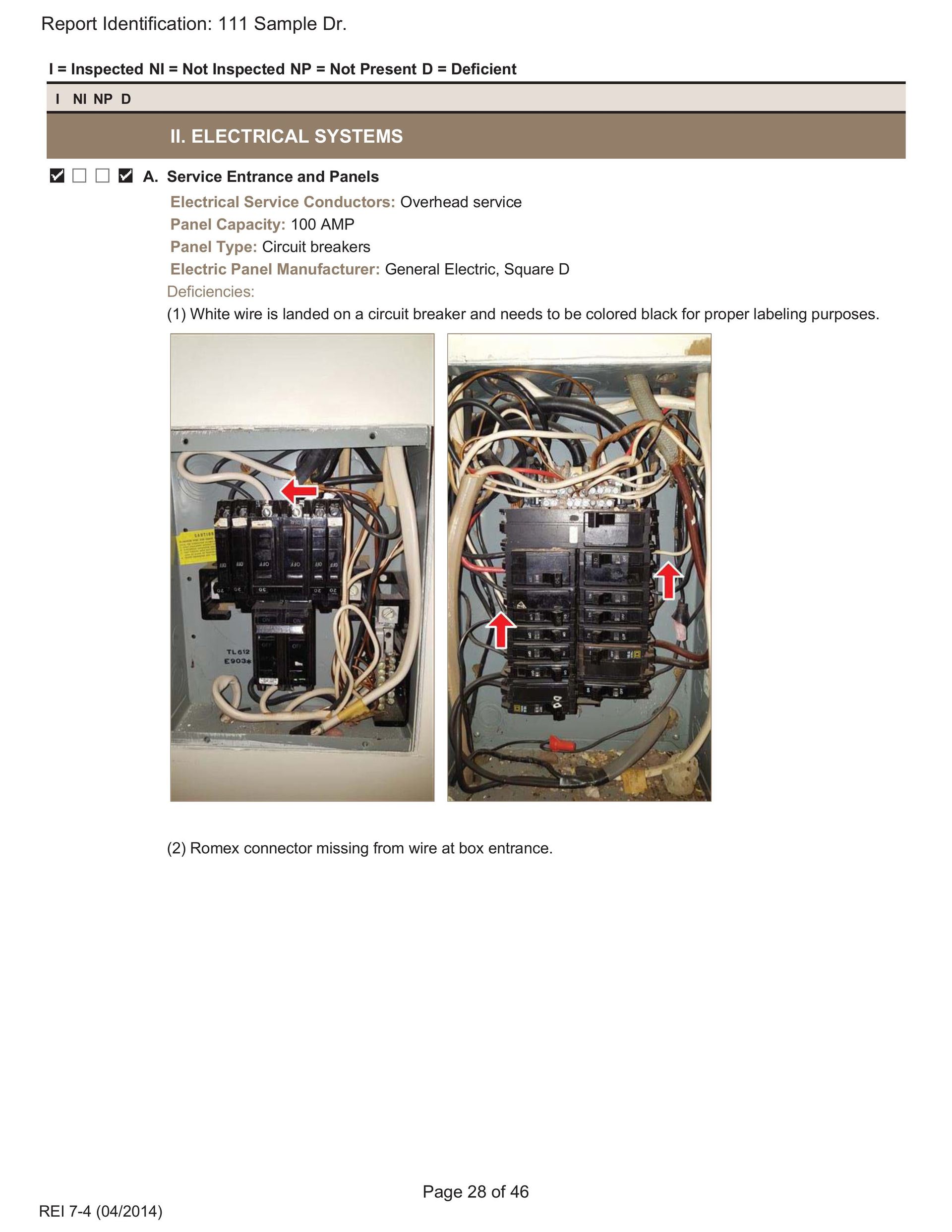 Two open electrical breaker panels with red arrows indicating missing handle ties on multi-wire branch circuits.