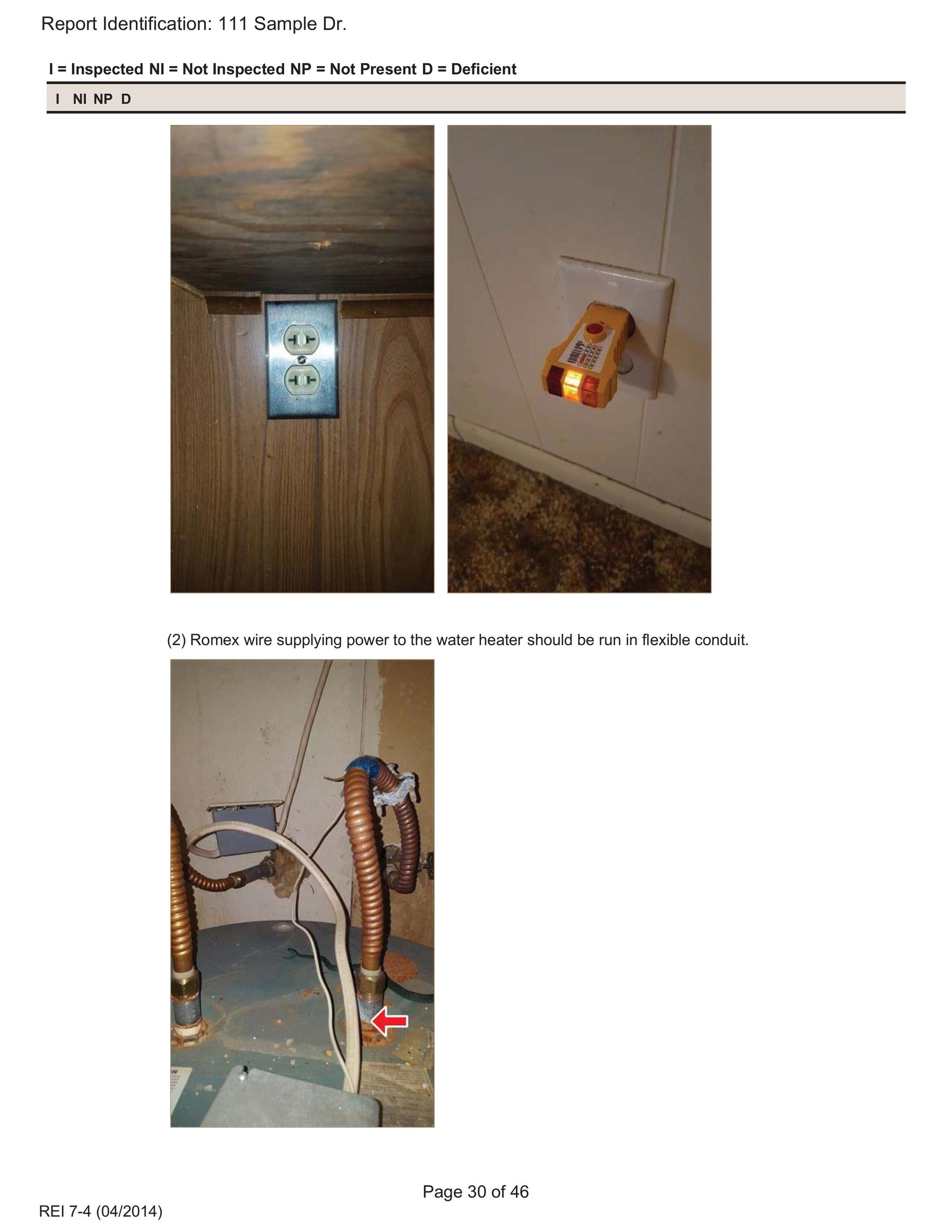 Three photos showing an electrical outlet inside a cabinet, a tester plugged into a wall outlet, and exposed wiring.