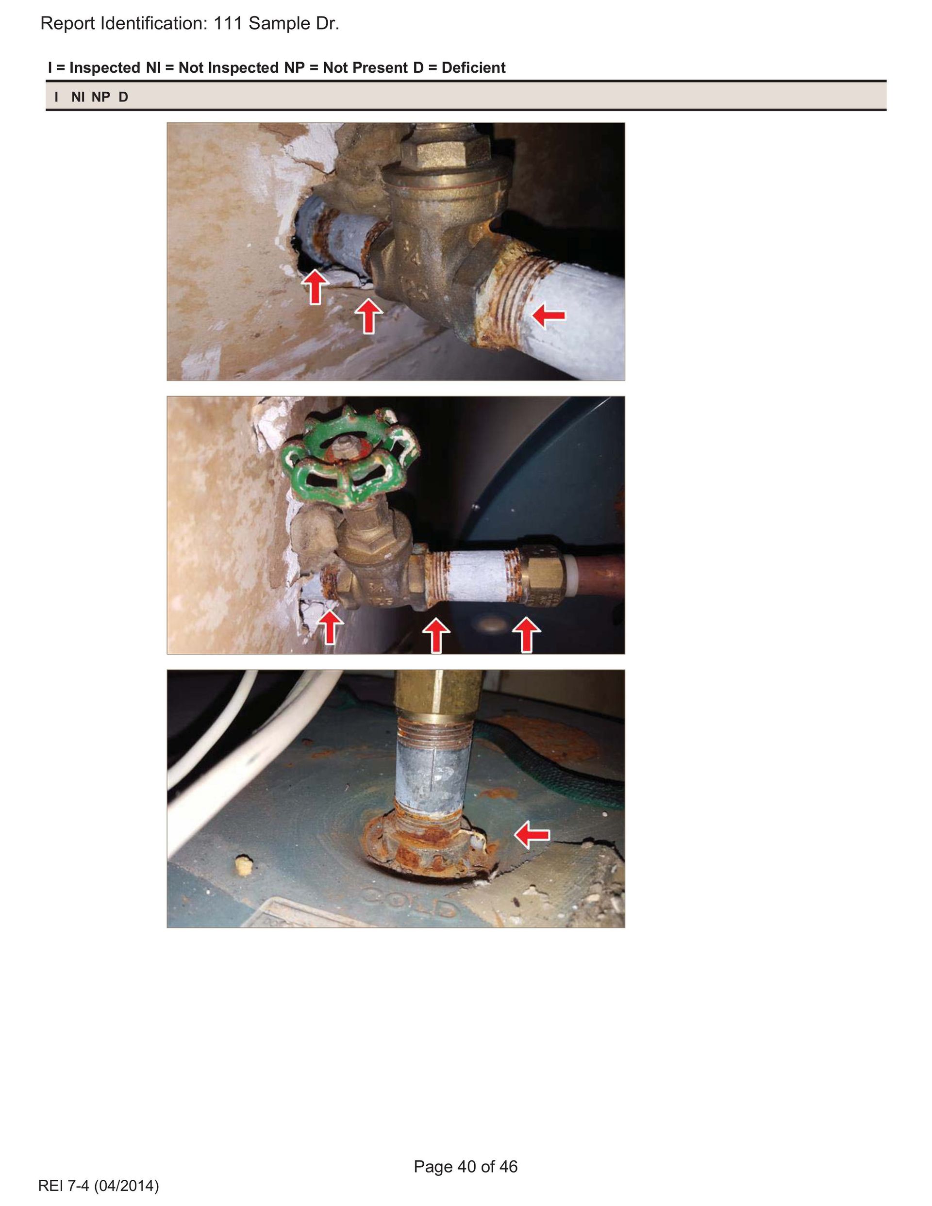Three close-up photos of water heater pipe fittings showing corrosion and pipe joint degradation with red indicator arrows.