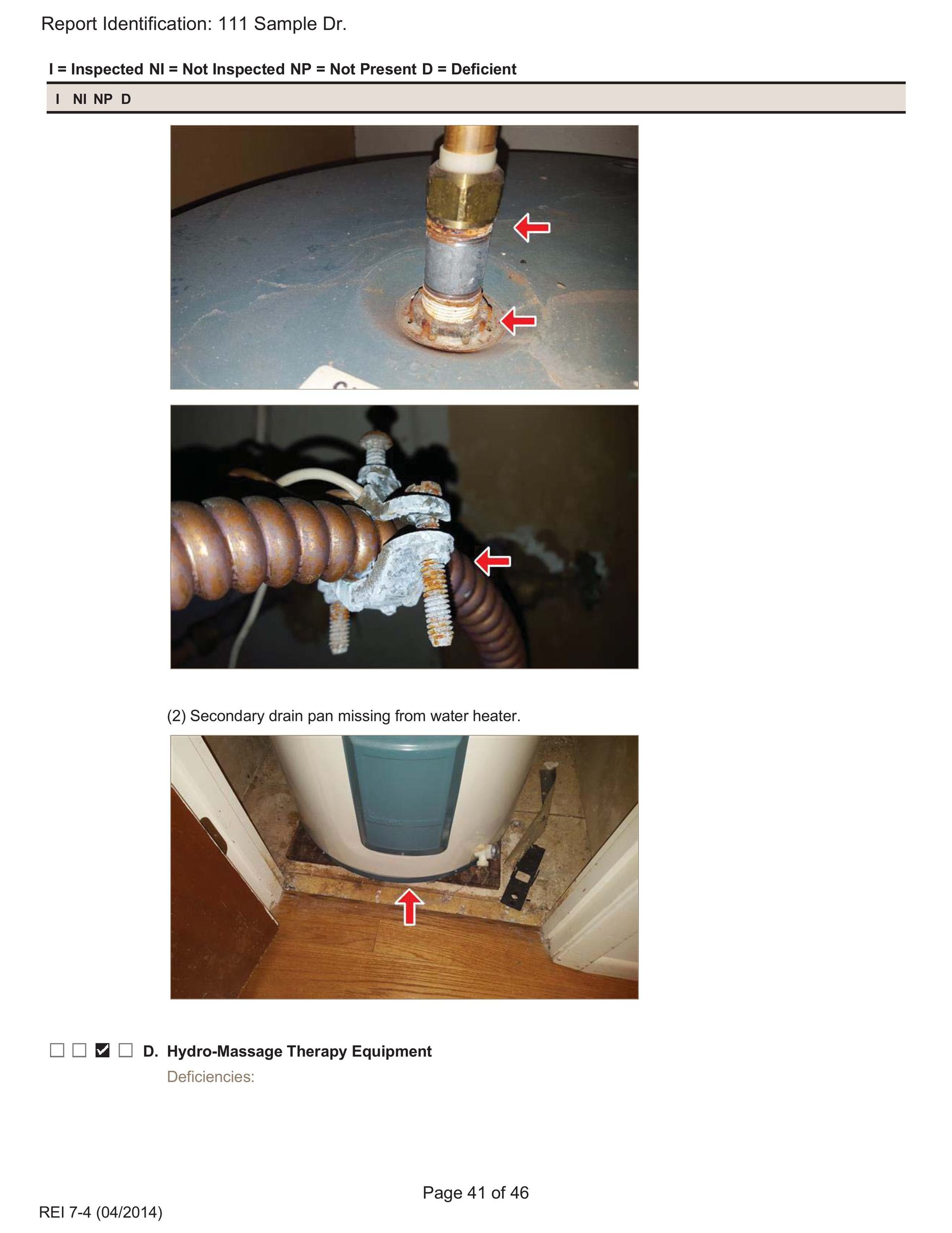 Three photos showing a water heater's pipe connection, electrical wiring, and the unit base with red arrows indicating areas.