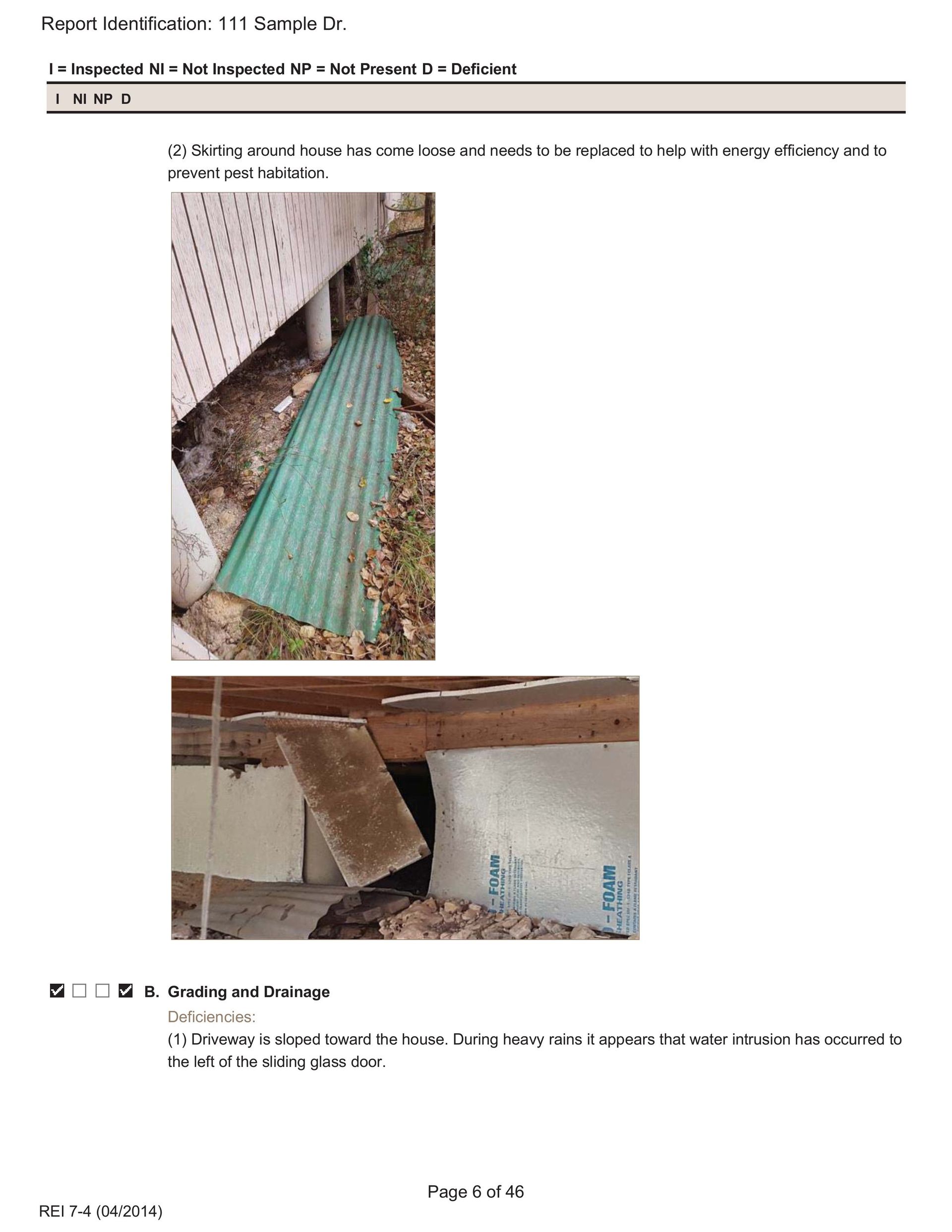 Two photos showing loose, damaged insulation panels and green corrugated sheeting under a building foundation.