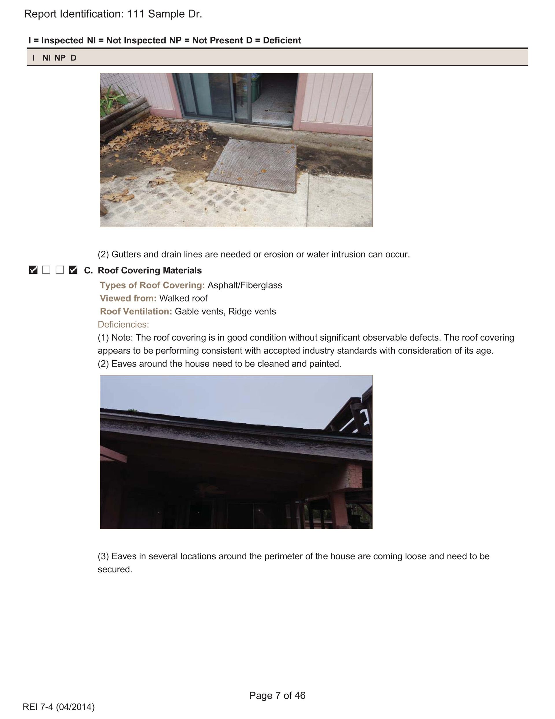 Two photos in a document showing a doorway threshold transition and a view of a roof eave.