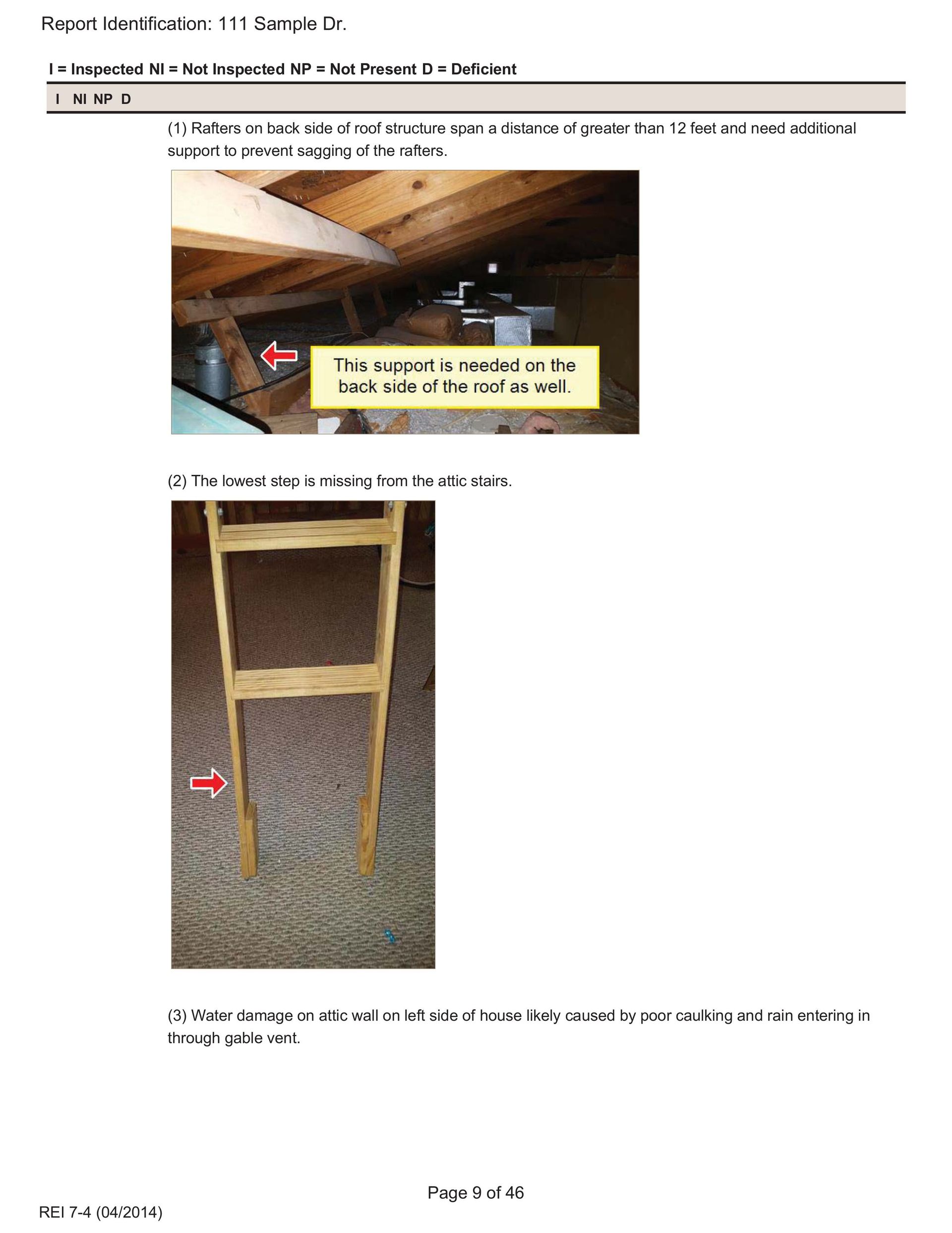 Two photos showing an attic: one with a yellow warning note and a second showing the base of a wooden attic ladder.