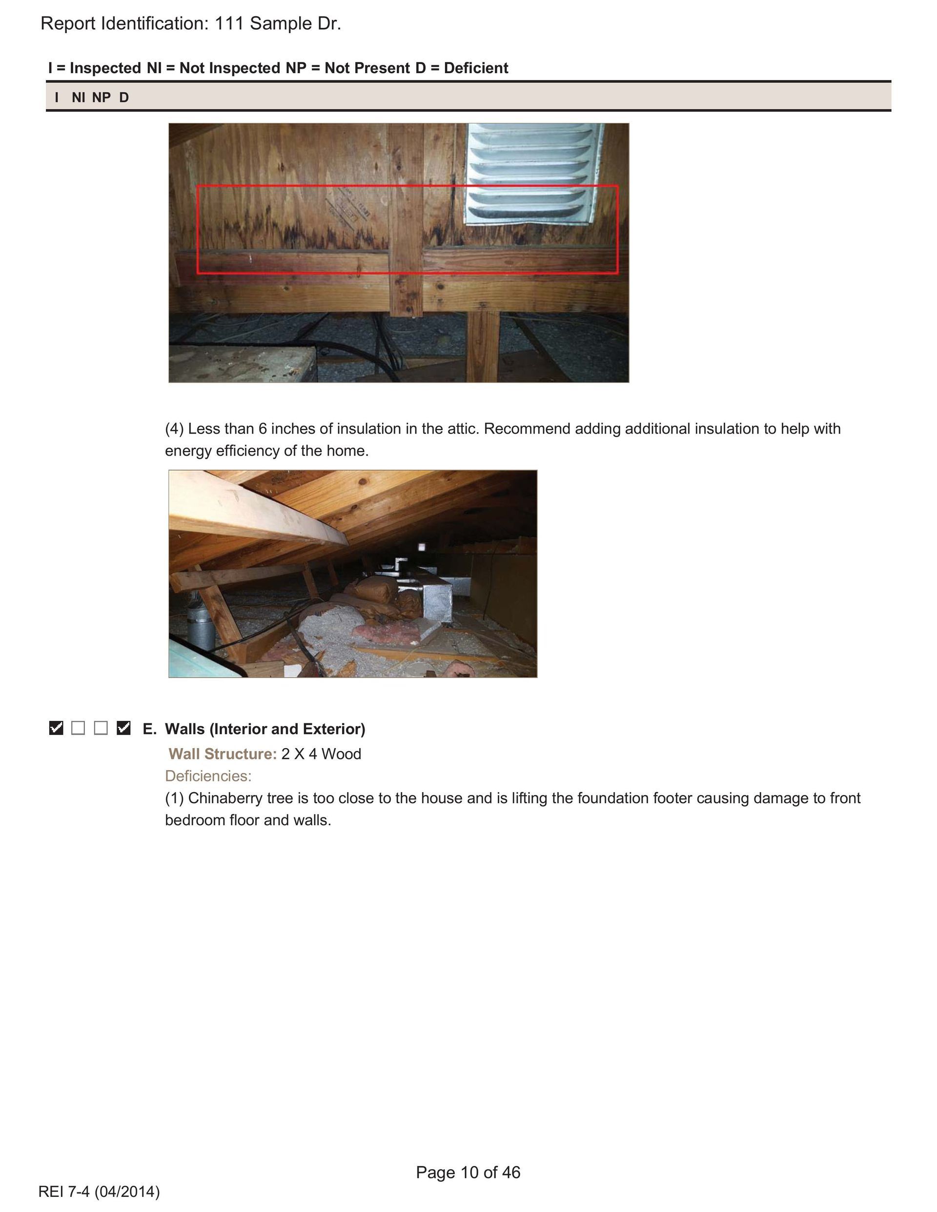 Two photos show an attic with structural wood framing, insulation, and roof ventilation defects.