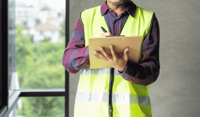 A person in a high-visibility vest and plaid shirt writes on a clipboard, standing before an indoor window.