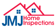 The JMJ Home Inspections logo features dark blue text with a red house outline containing two blue square windows.