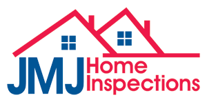 Logo for JMJ Home Inspections, featuring the blue letters "JMJ" next to red text and a stylized red outline of houses.