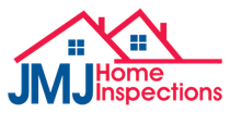Logo for JMJ Home Inspections, featuring the blue letters "JMJ" next to red text and a stylized red outline of houses.