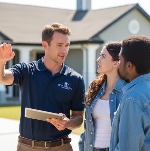 A man in a navy polo shows a tablet to two homeowners outside a house.