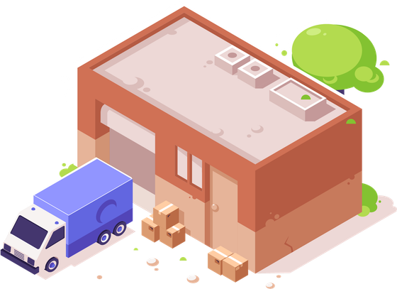 An isometric illustration of a warehouse with a truck parked in front of it.