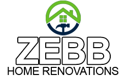 the logo for zebb home renovations has a house and a hammer on it .