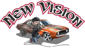 a cartoon of a man painting a car logo for new Vision Auto Body and Accessories