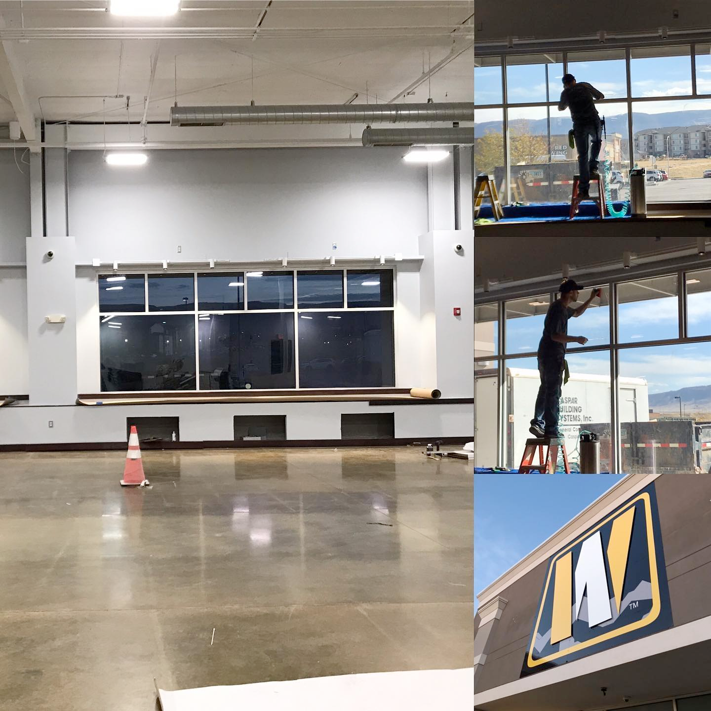 A collage of photos shows a man cleaning a window