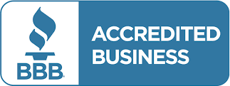 A blue and white sign that says accredited business