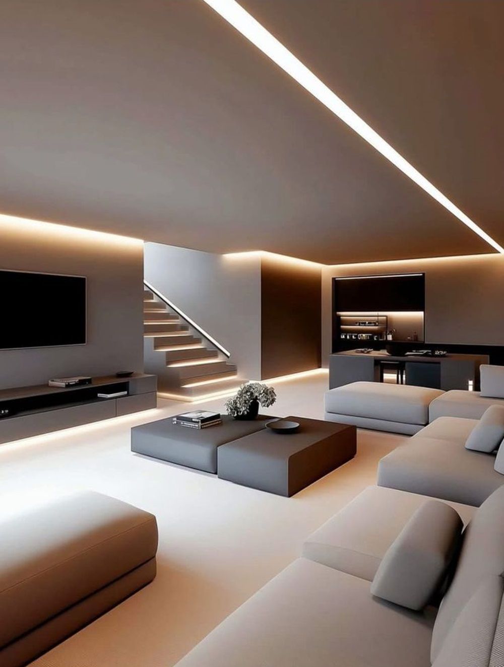 Soggiorno moderno con colori neutri, divano, scala e illuminazione da incasso.