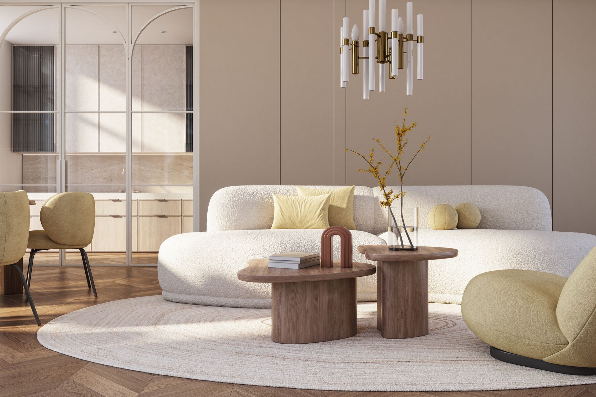 Un soggiorno moderno con un divano bianco dalle linee curve, tavoli in legno e un tappeto rotondo. Sopra è appeso un lampadario dorato.