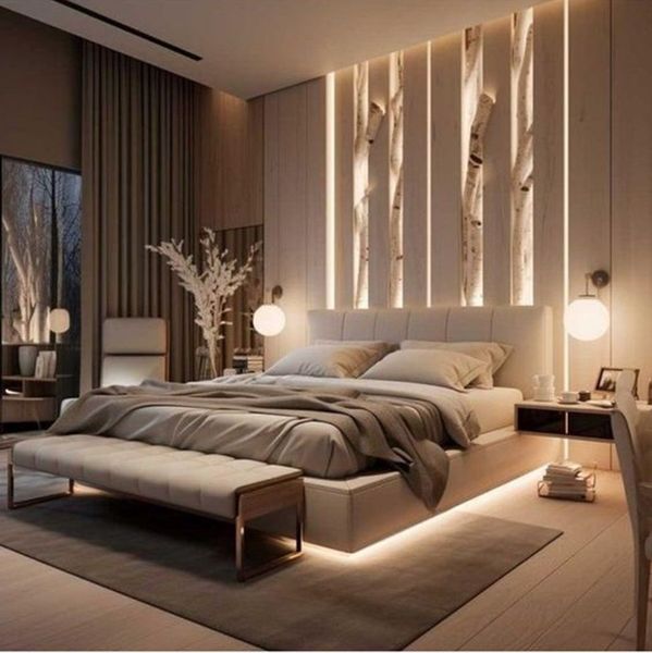 Camera da letto moderna con luci soffuse, un letto e una panca. I toni neutri e gli accenti in legno creano un'atmosfera rilassante.