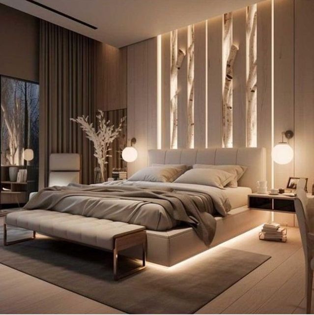 Accogliente camera da letto moderna nei toni del beige, con letto con lenzuola a strati, illuminazione d'accento e panca.