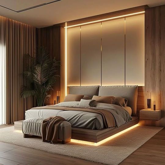 Camera da letto moderna con letto basso, testiera imbottita e illuminazione calda. Ai piedi del letto c'è una panca e nell'angolo una grande pianta.