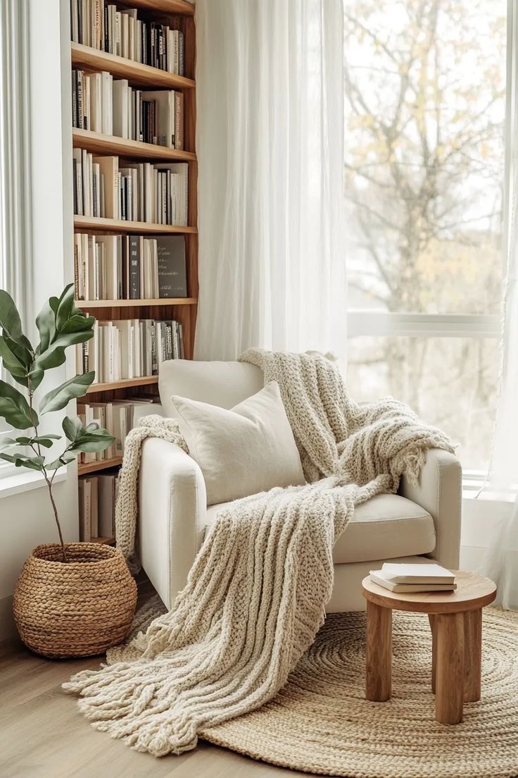 Accogliente angolo lettura con poltrona color crema, coperta intrecciata e tavolino in legno accanto a una libreria e una finestra con tende trasparenti.
