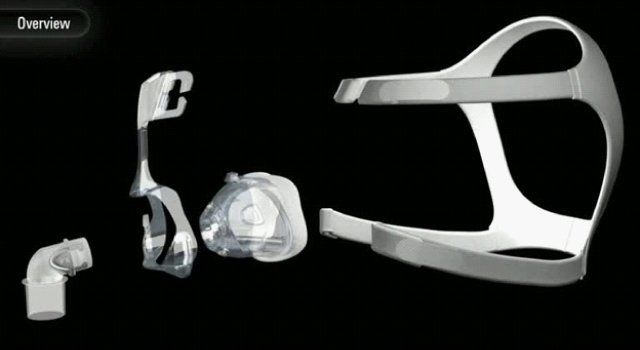 CPAP mask disassembled, components arranged on black background.