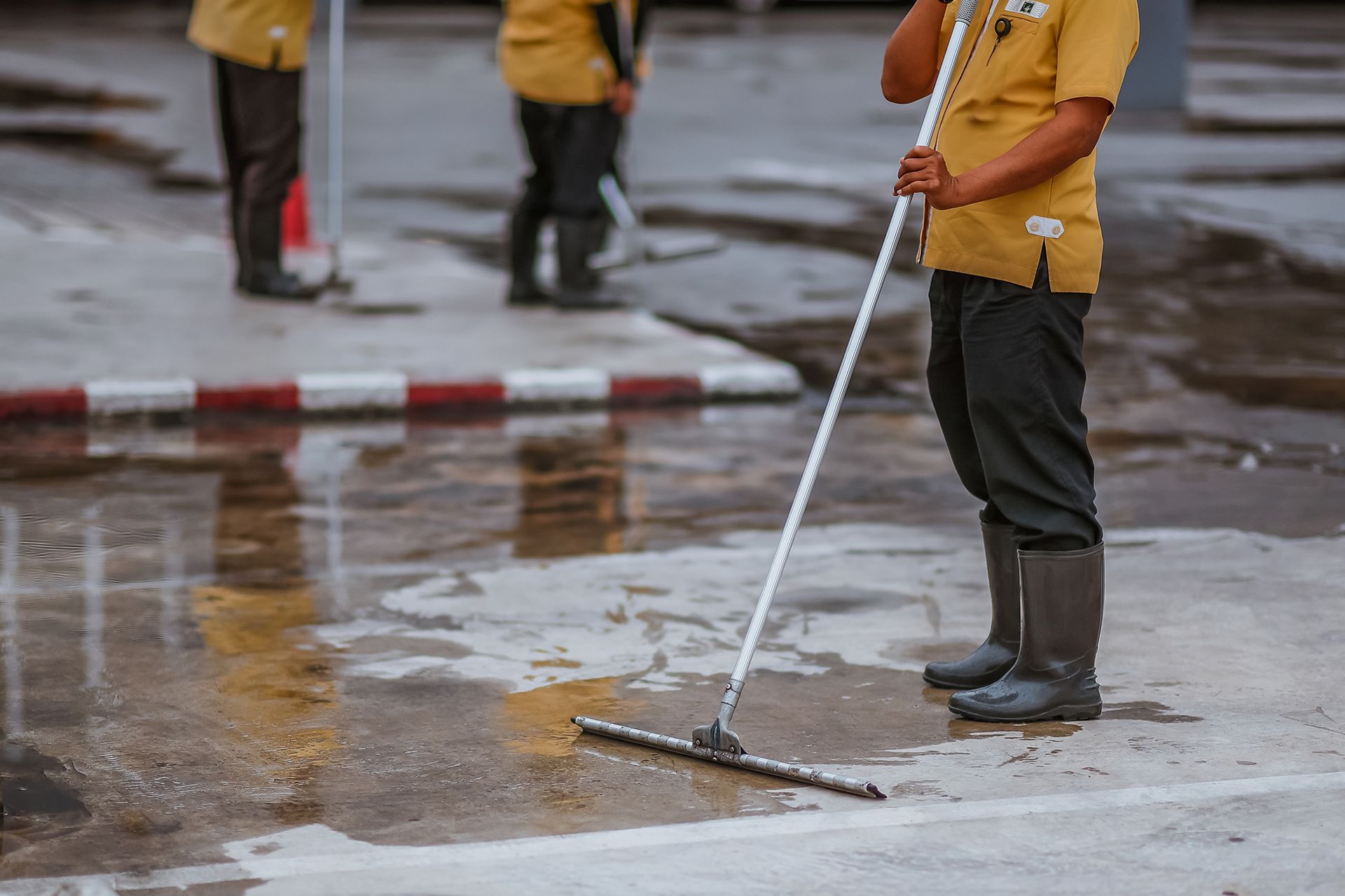 A man is cleaning the ground with a mop.