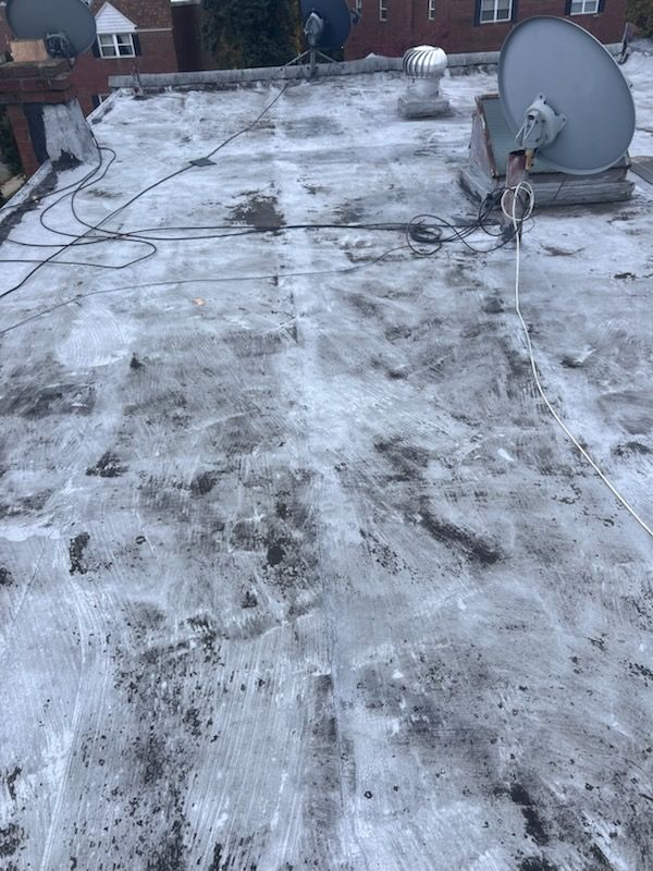 Flat roof covered in white substance; vents and satellite dish visible; gray sky.