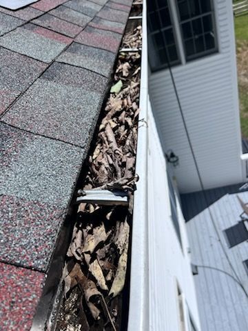 Gutter filled with brown leaves and debris, adjacent to a white house with a window.