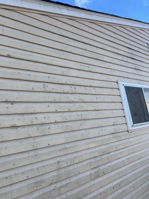 Beige siding on a house, window on the right side, blue sky in background.