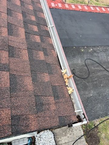 Brown shingled roof with a gutter containing some leaves; a black hose is visible on the asphalt driveway.