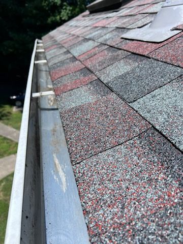 Close-up of a house roof with shingles, a gutter, and a downspout against a green yard.