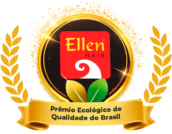 Emblema dourado com folhas de louro, com a logo da Ellen Hair e o texto "Prêmio Ecológico de Qualidade" numa fita dourada.