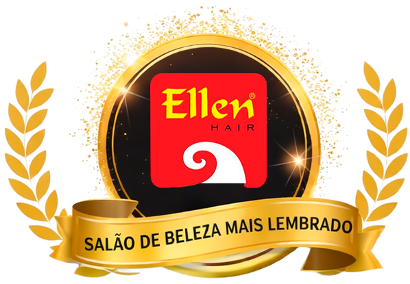 Emblema dourado com folhas de louro, com a logo da Ellen Hair e o texto "Salão de Beleza Mais Lembrado" numa fita dourada.