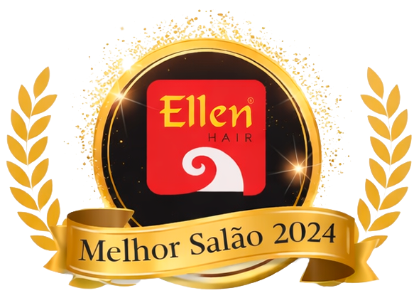 Emblema dourado com folhas de louro, com a logo da Ellen Hair e o texto "Melhor Salão 2024" numa fita dourada.