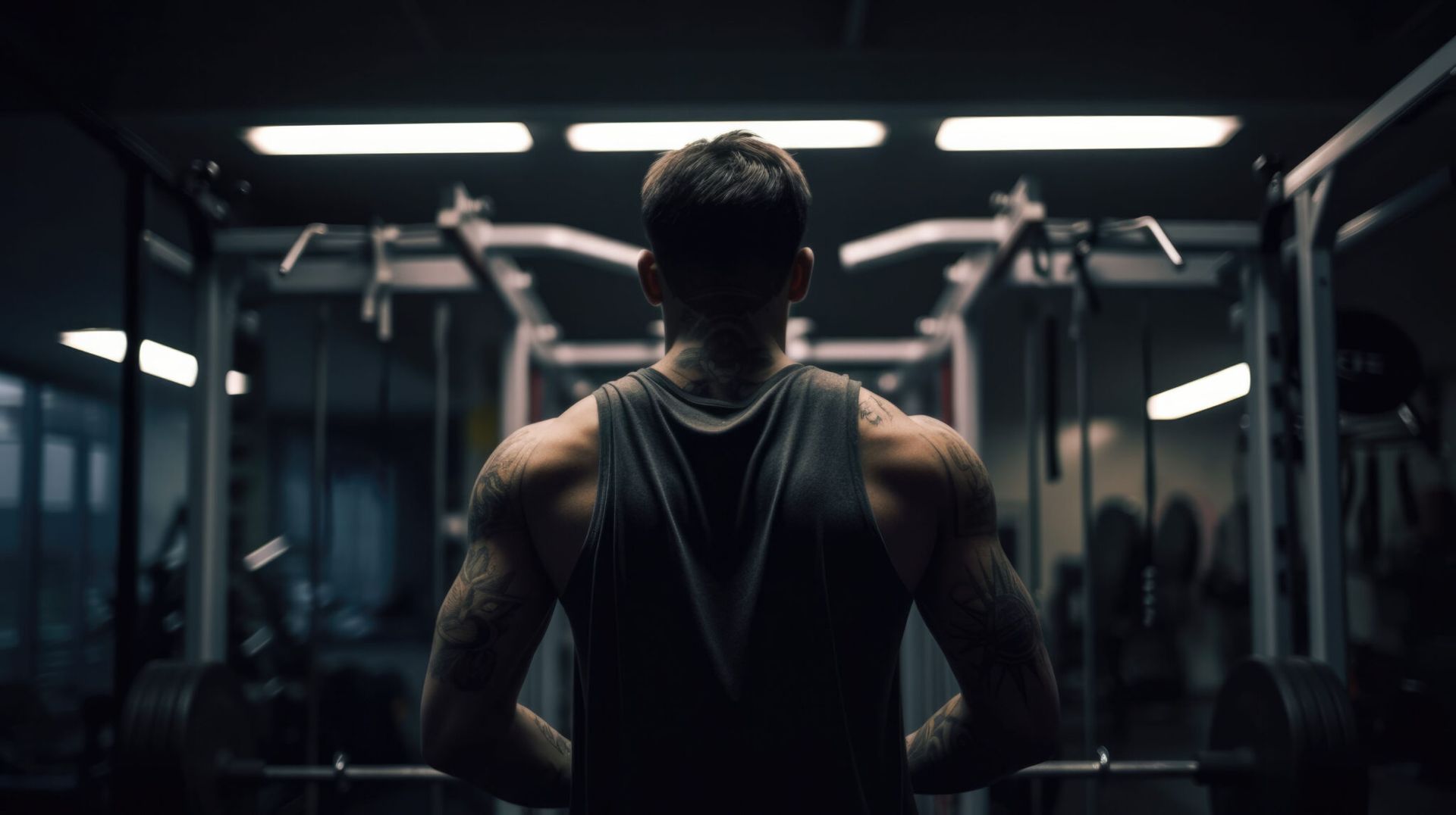 A man is standing in a gym with his back to the camera.