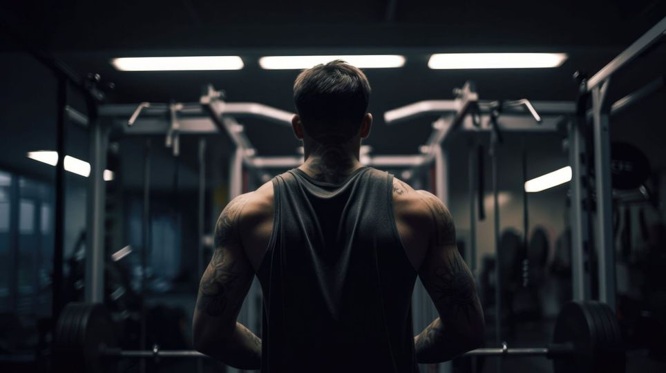 A man is standing in a gym with his back to the camera.