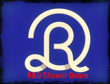 Blue sign with white logo and red text reading &ldquo;R&D Shower Doors&rdquo;