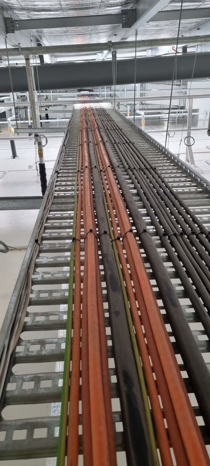 A bunch of wires are hanging from the ceiling of a building.